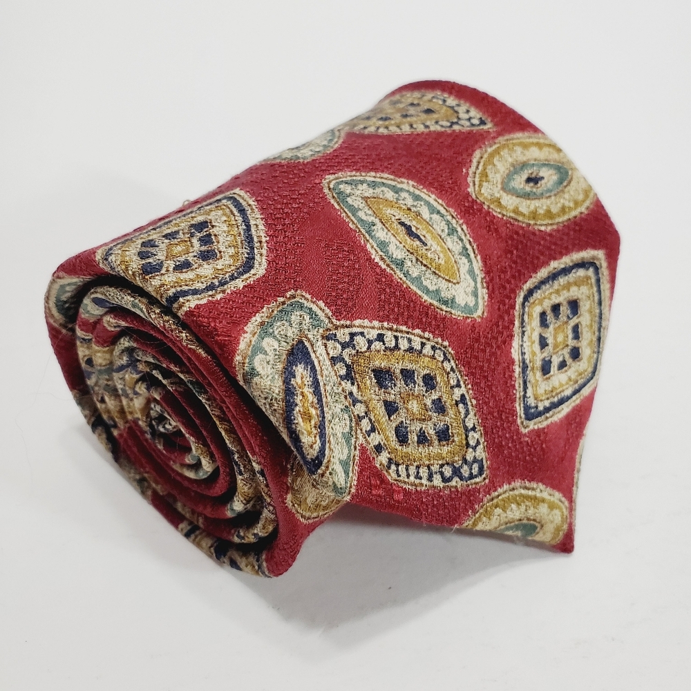 Valentino Red & Gold Geometric Pattern Men's Italian Designer Silk Necktie